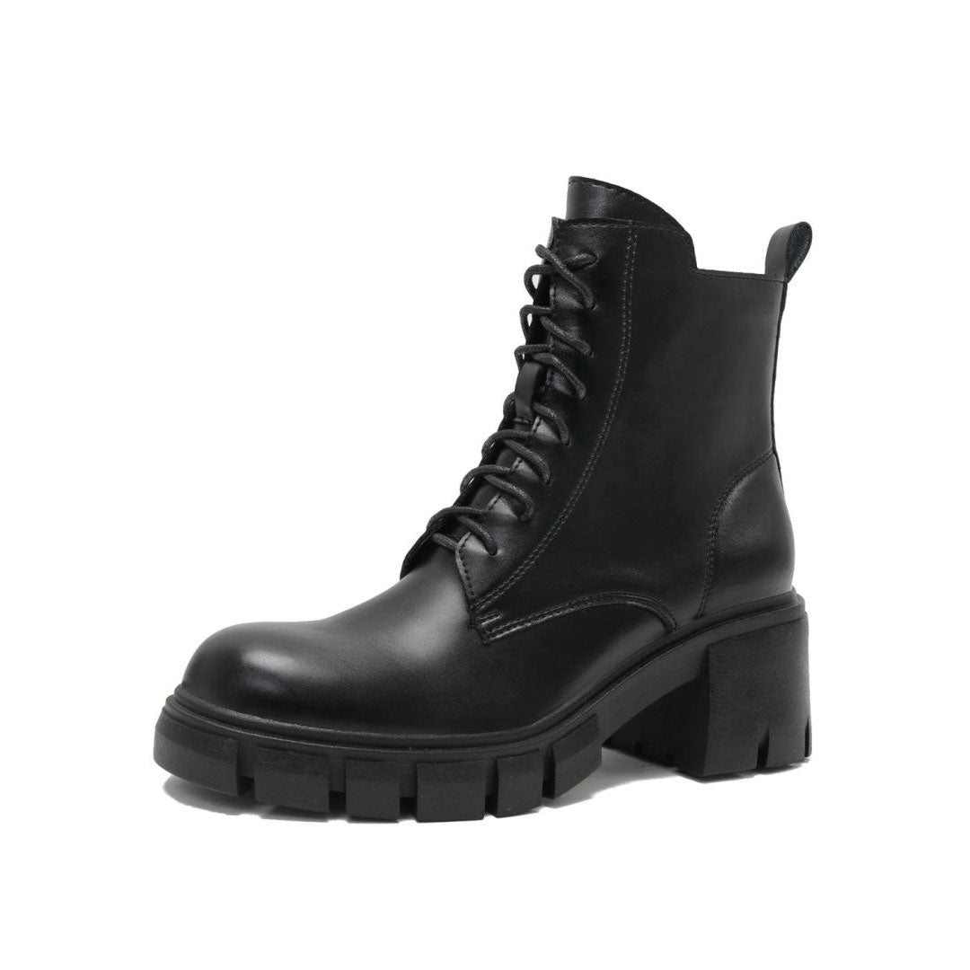 Toe Block Heel Lug Sole Lace Up Combat Boots - Black