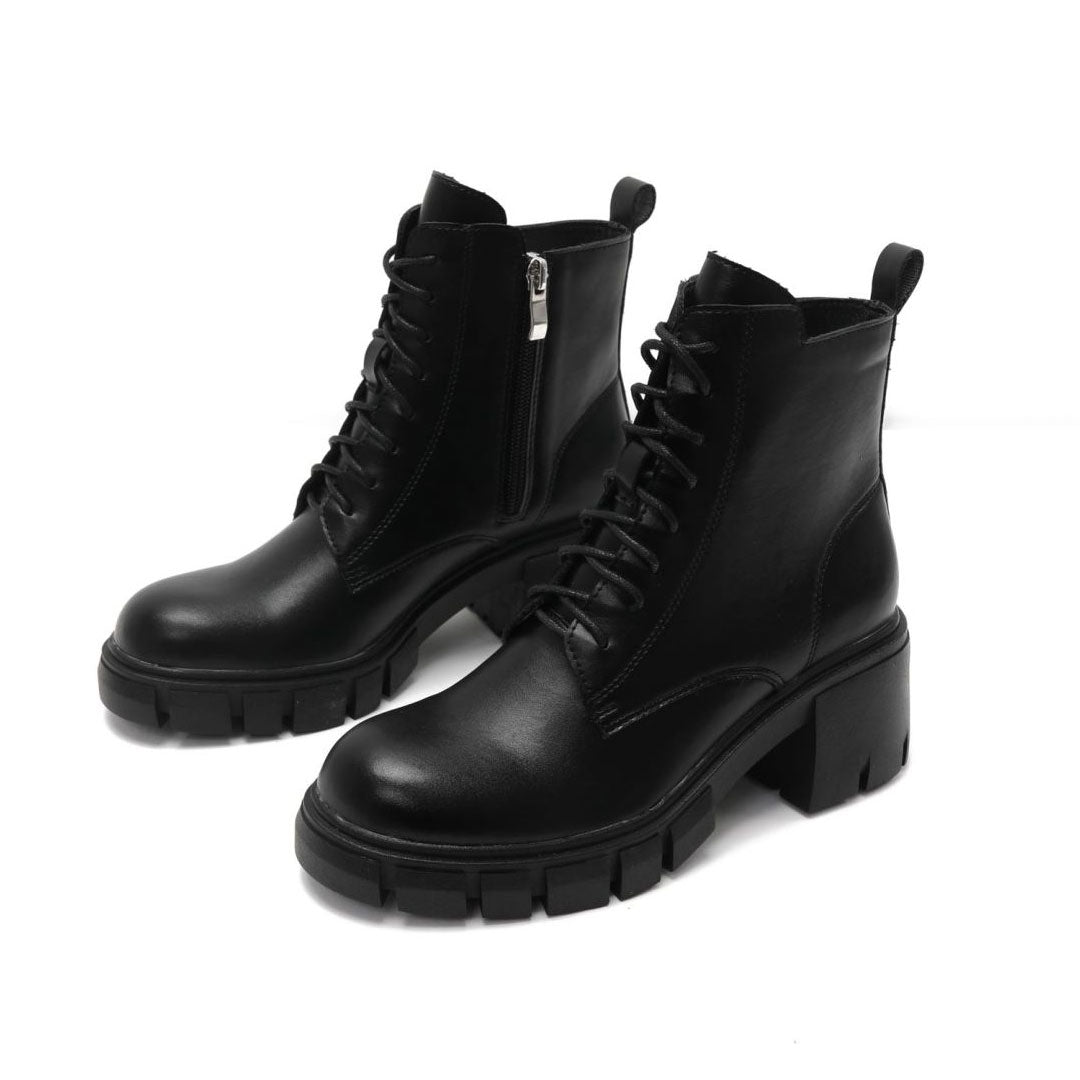 Toe Block Heel Lug Sole Lace Up Combat Boots - Black