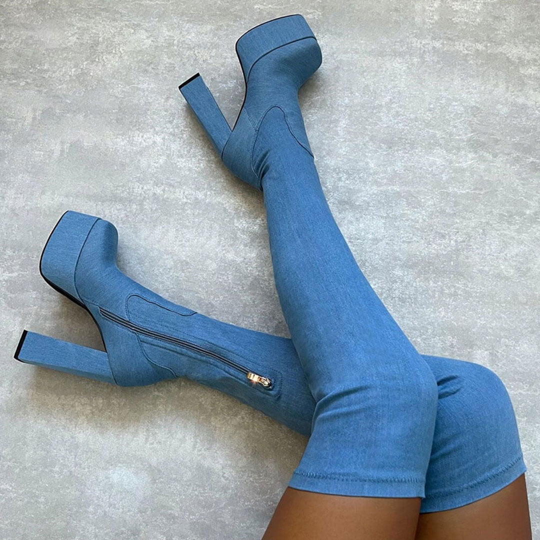 Denim High Heel Platform Over Knee Boots - Jean Blue