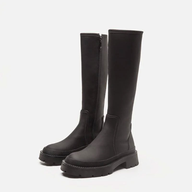 Toe Panel Trim Chunky Platform Knee High Boots - Black