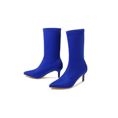 High Heel Sock Ankle Boots - Navy Blue