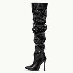 Pointed Toe Stiletto Heel Thigh High Boots - Black