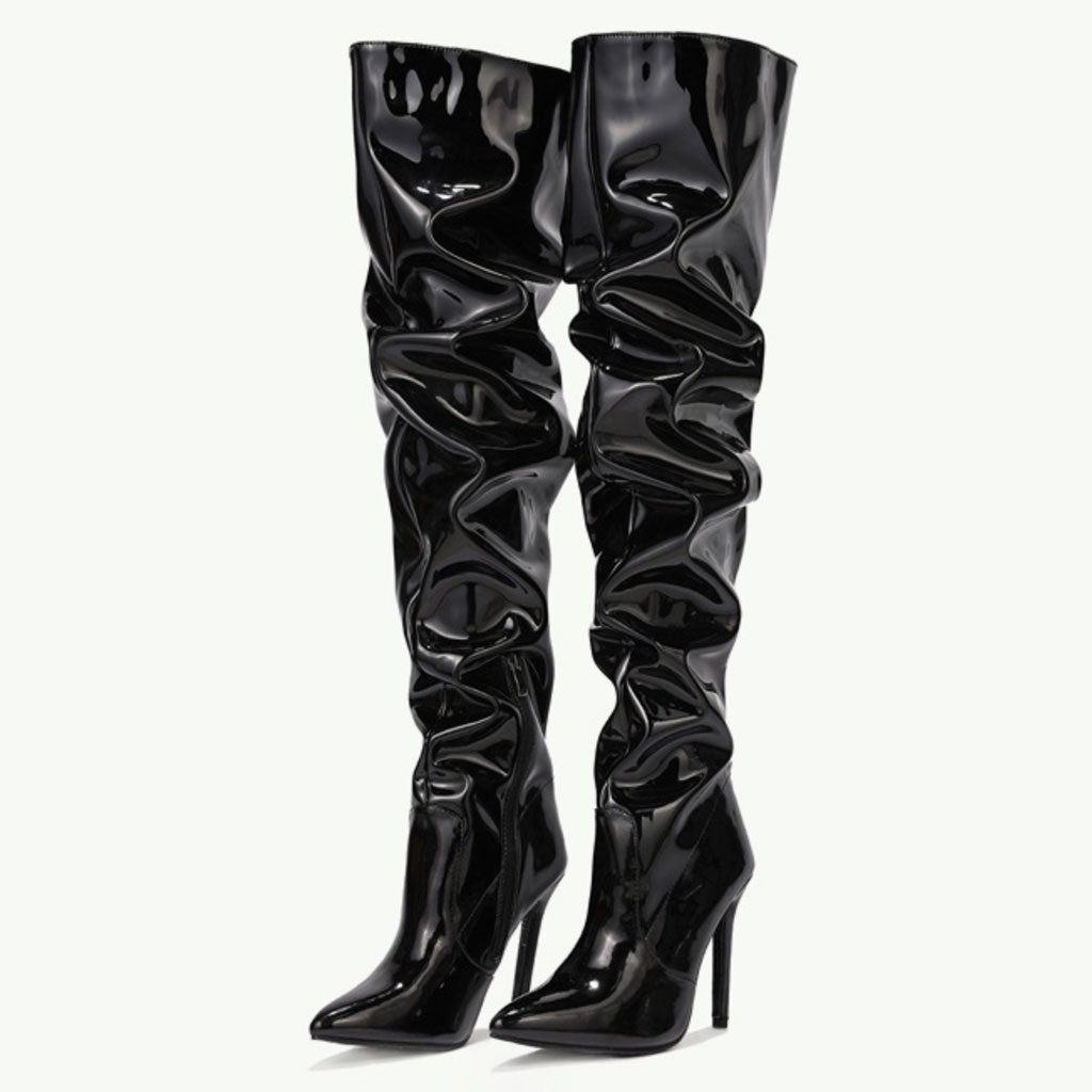 Pointed Toe Stiletto Heel Thigh High Boots - Black