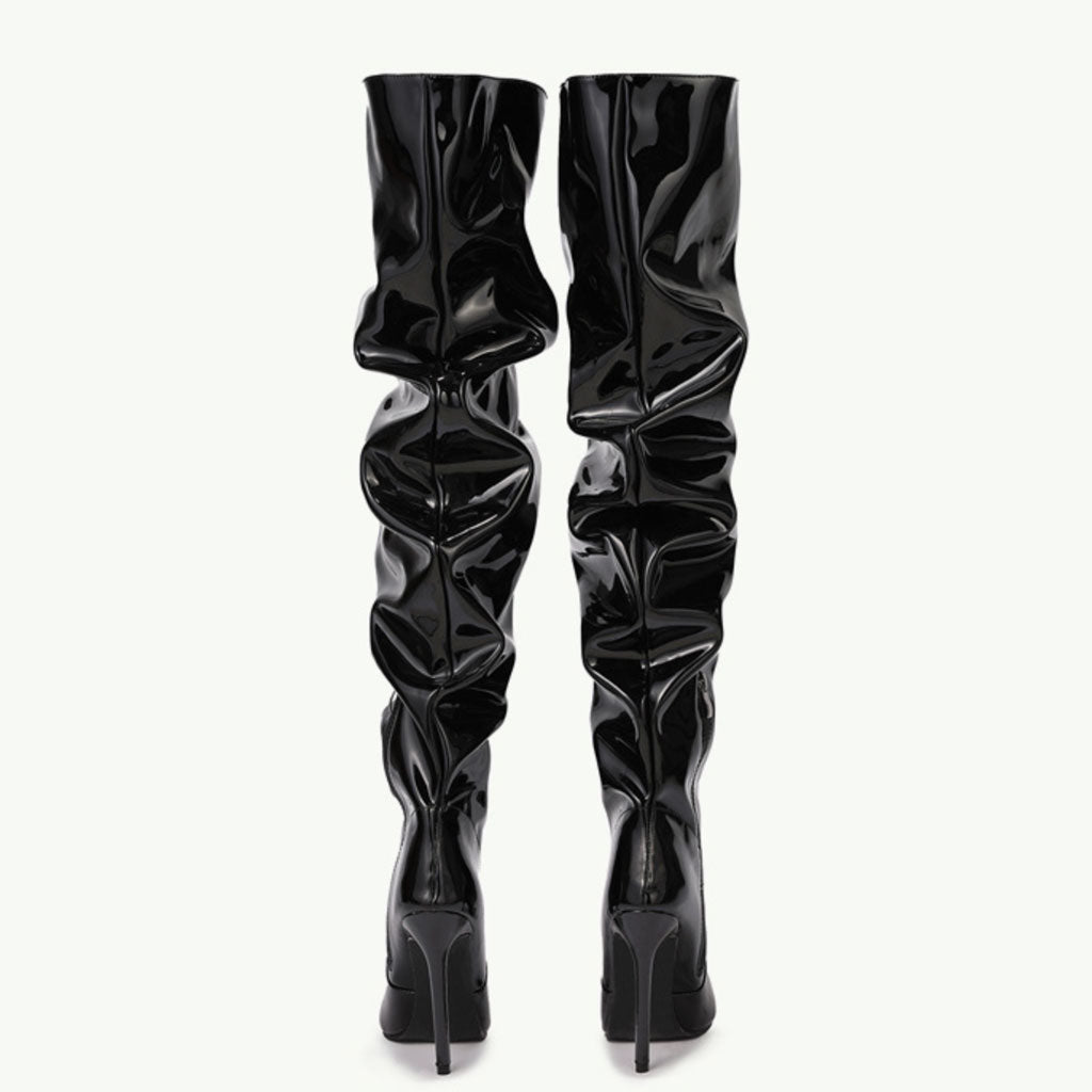 Pointed Toe Stiletto Heel Thigh High Boots - Black