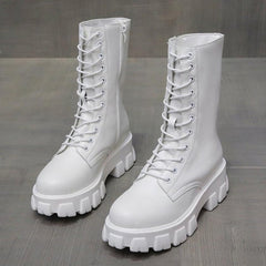 Lace Up Zip Side Lug Sole Chunky Heel Mid Calf Boots - White