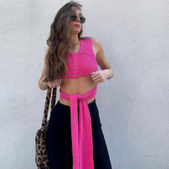 Tie Strap Cropped Knit Tank Top - Pink