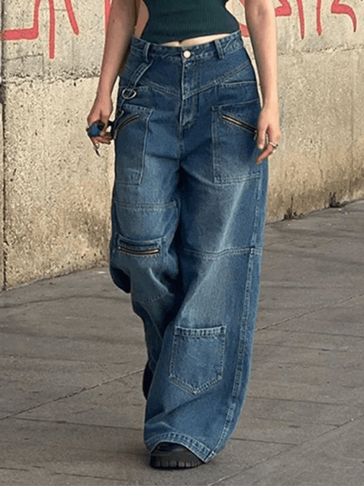 Patchwork Blue Wash Baggy Cargo Jeans