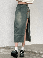 Patchwork Lace Up Split Cargo Denim Skirt