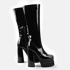 Patent Square Toe Chunky Platform Knee High Boots - Jet Black