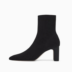 Pointed Toe Chunky Heel Mid Calf Sock Boots - Black