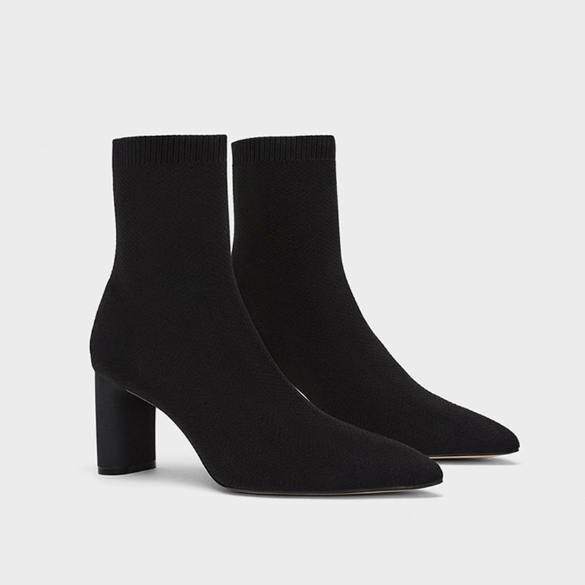 Pointed Toe Chunky Heel Mid Calf Sock Boots - Black