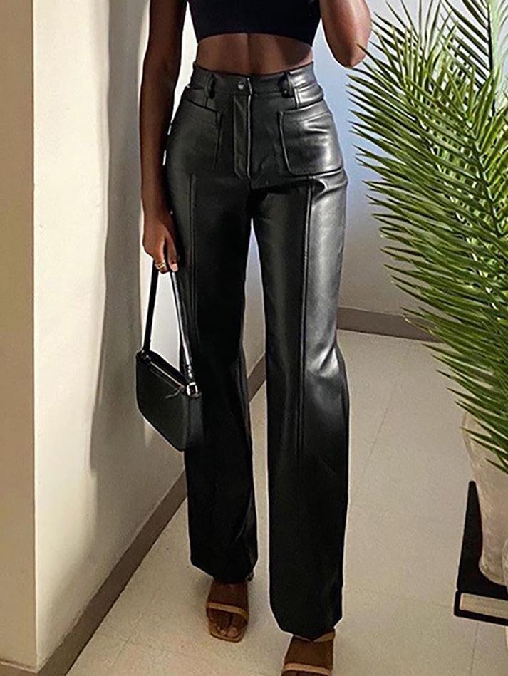 Pu High Waist Straight Pants