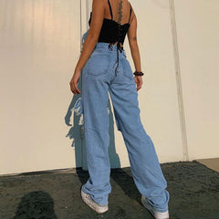 90s Distressed Cutout High Waist Wide Leg Jeans - Blue