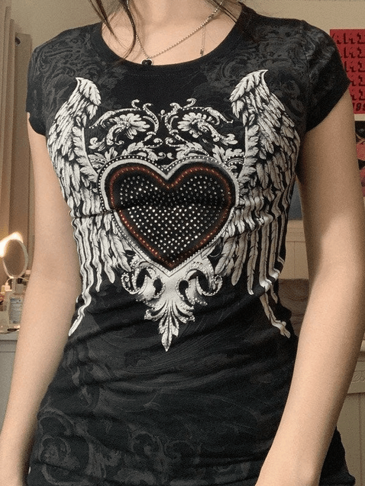 Rhinestone Heart Fairy Wing Graphic Tee