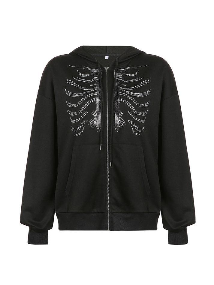 Rhinestone Skull Zipper Hoodie