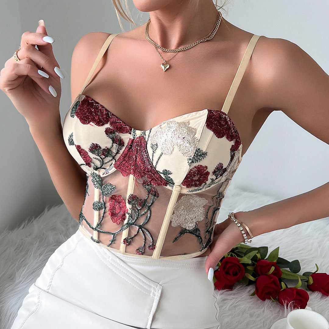 Romantic Floral Embroidered Sheer Mesh Cropped Corset Top - Apricot