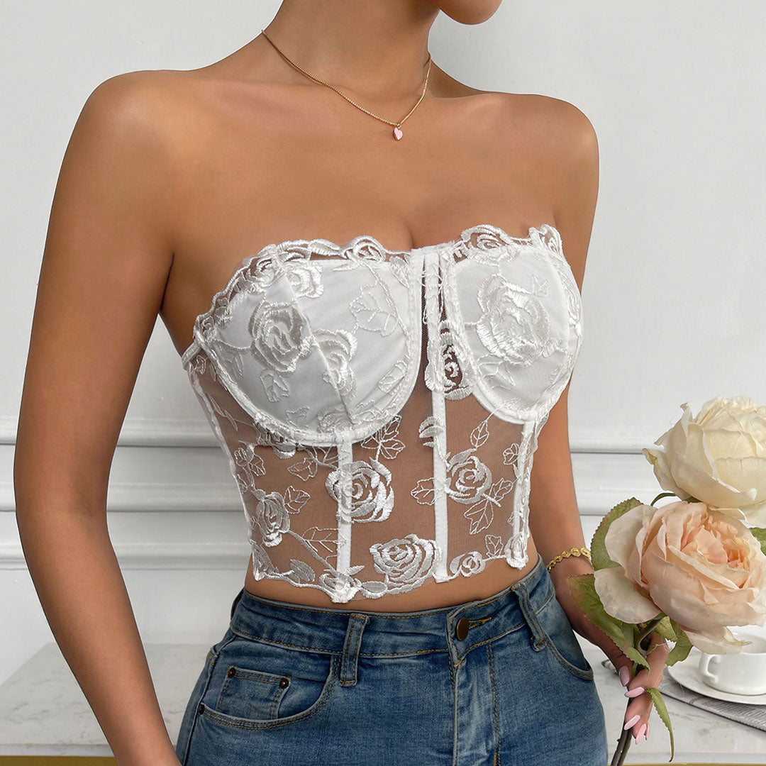 Tulle Crop Corset Tube Top - White