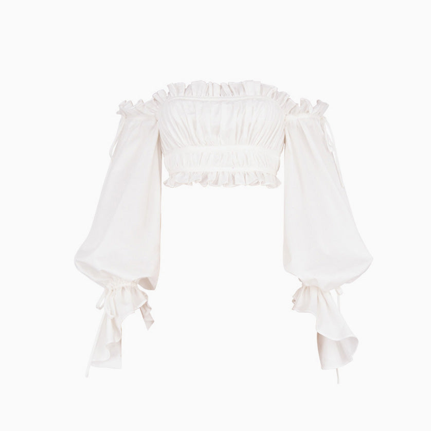 Adorable Ruffle Long Sleeve Ruched Off Shoulder Crop Top - White