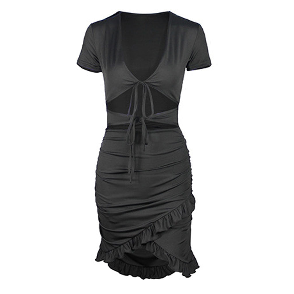 V Neck Floss Strap Ruched Bodycon Party Mini Dress - Black