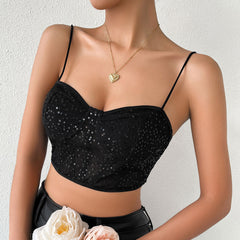 Shimmer Sweetheart Cami Sheer Sequin Lace Crop Corset Top - Black