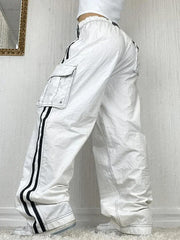 Side Striped White Baggy Cargo Jeans