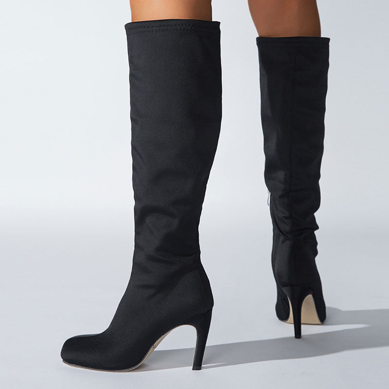 Slouchy Square Toe Side Zipper Stiletto Heel Knee High Boots - Black