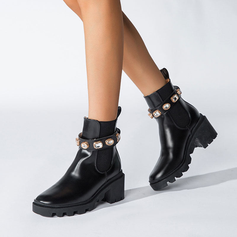 Sparkly Crystal Trim Lug Sole Round Toe Chunky Heel Ankle Boots - Black