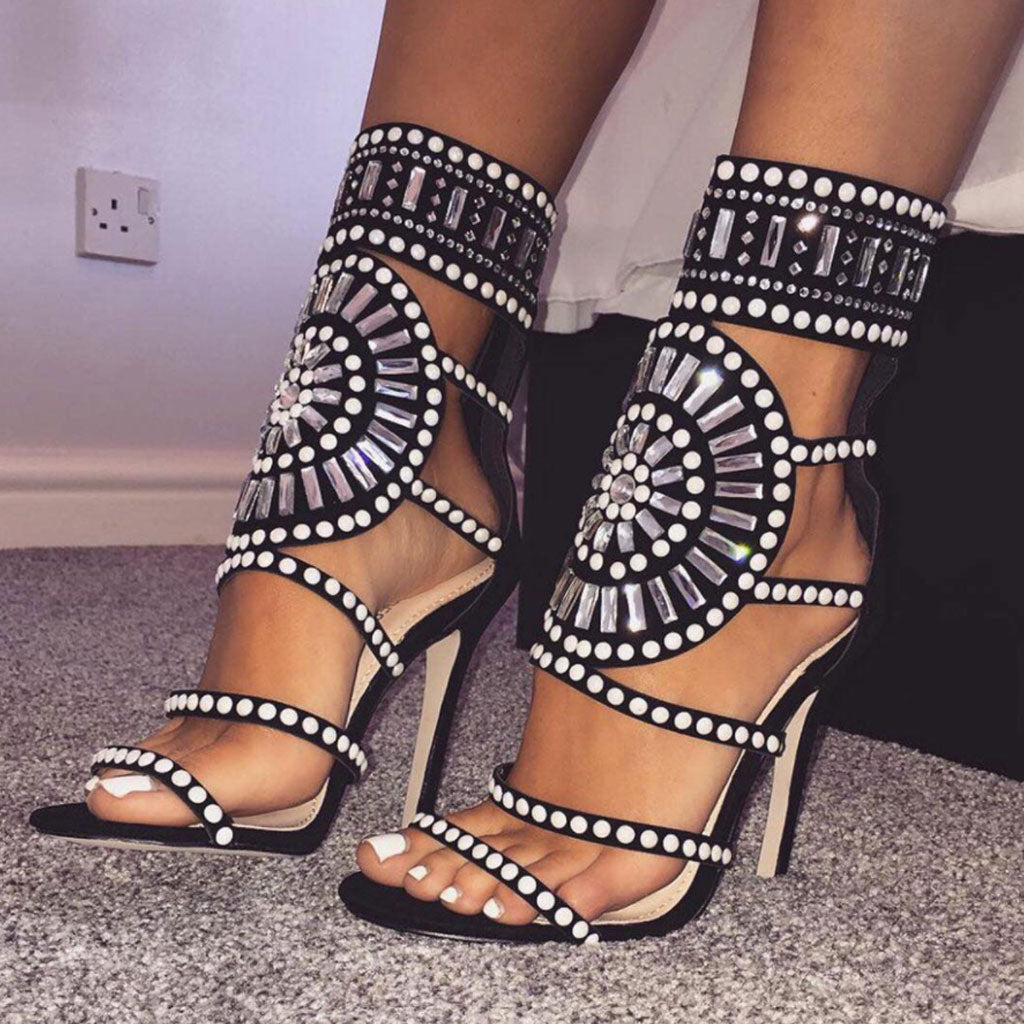 Sparkly Embellished Cut Out Open Toe High Heel Sandals - Black