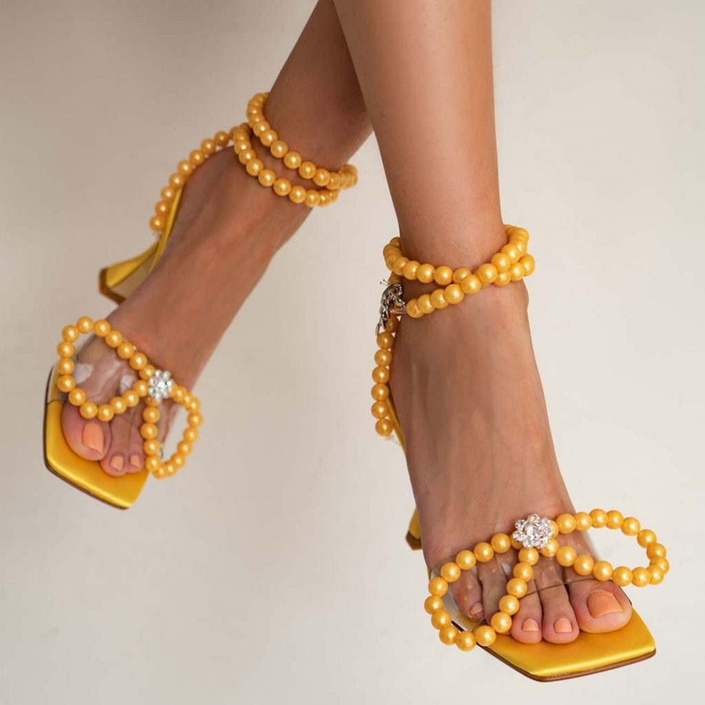 Sparkly Pearl Strap Unique High Heels Butterfly Sandals - Yellow