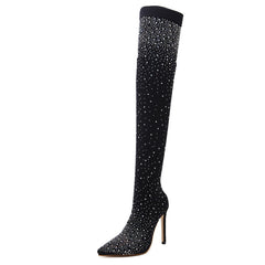 Sparkly Rhinestone Pointed Toe Stiletto Heel Thigh High Boots - Black