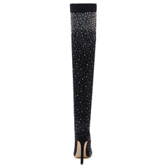 Sparkly Rhinestone Pointed Toe Stiletto Heel Thigh High Boots - Black