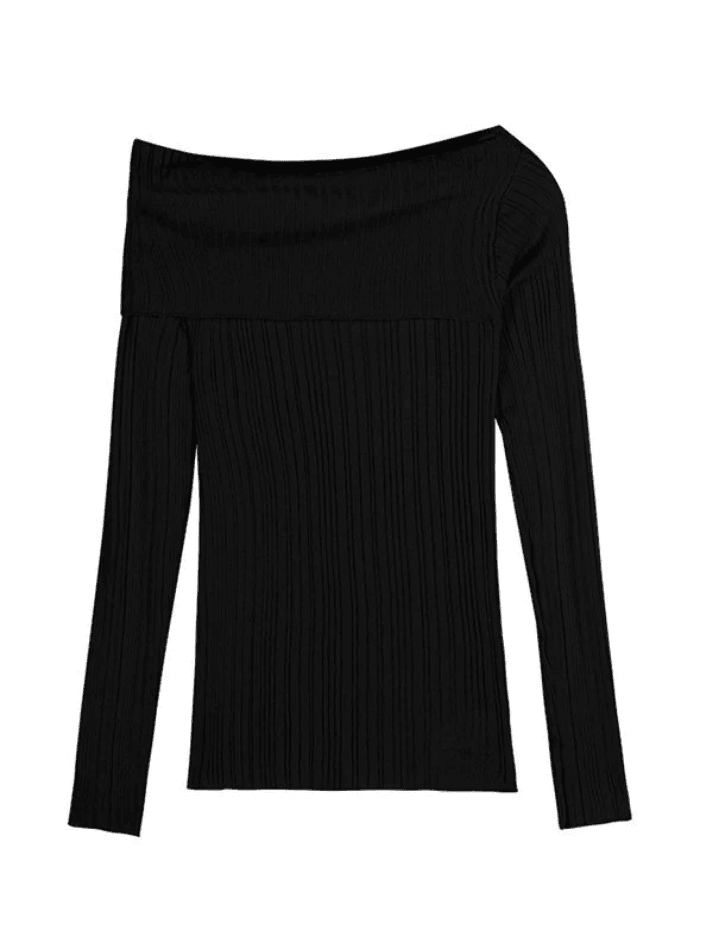 Split Off Shoulder Ribbed Knit Top