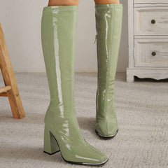 Striking Square Toe Patent Block Heel Knee High Boots - Olive Green