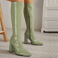 Striking Square Toe Patent Block Heel Knee High Boots - Olive Green