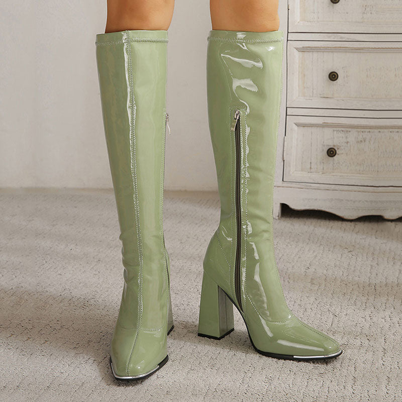 Striking Square Toe Patent Block Heel Knee High Boots - Olive Green