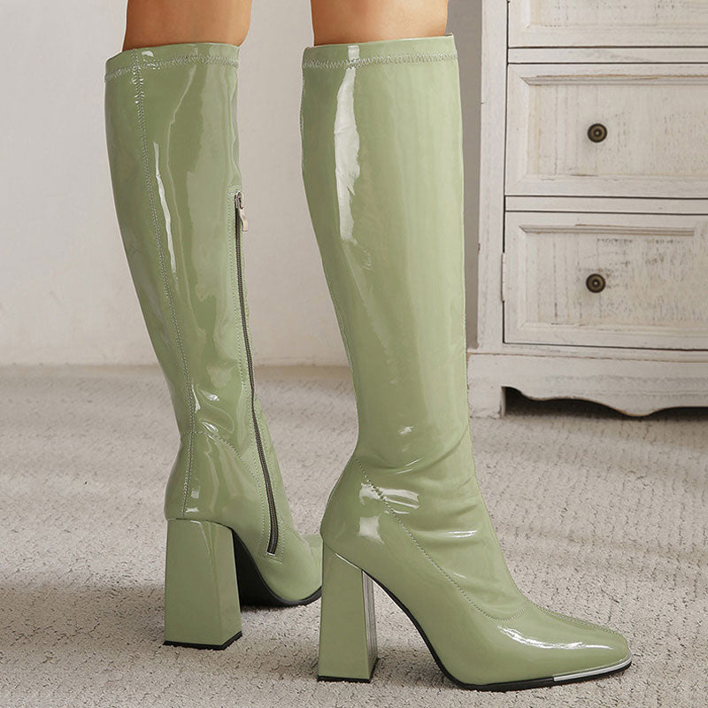 Striking Square Toe Patent Block Heel Knee High Boots - Olive Green