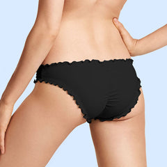 Sweet Solid Color High Cut Ruched Ruffle Trim Bikini Scrunch Bottom - Black