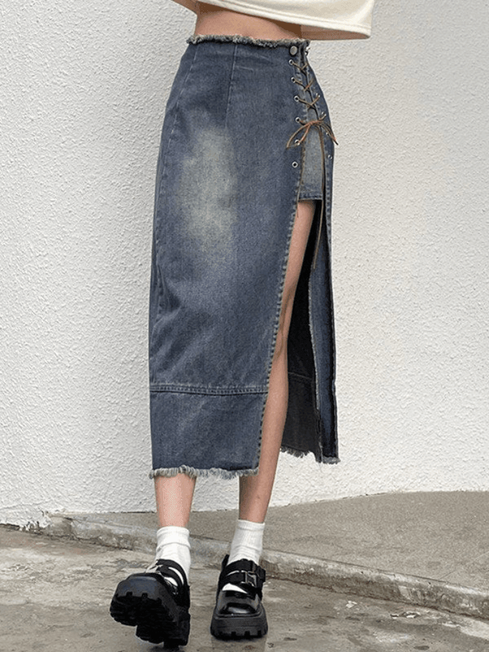 Tie Front Split Distressed Denim Skirt