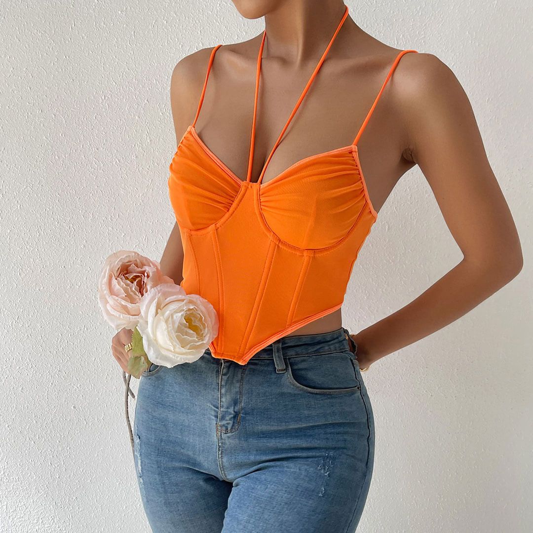 Halter Bustier Curved Sleeveless Mesh Crop Corset Top - Burnt Orange