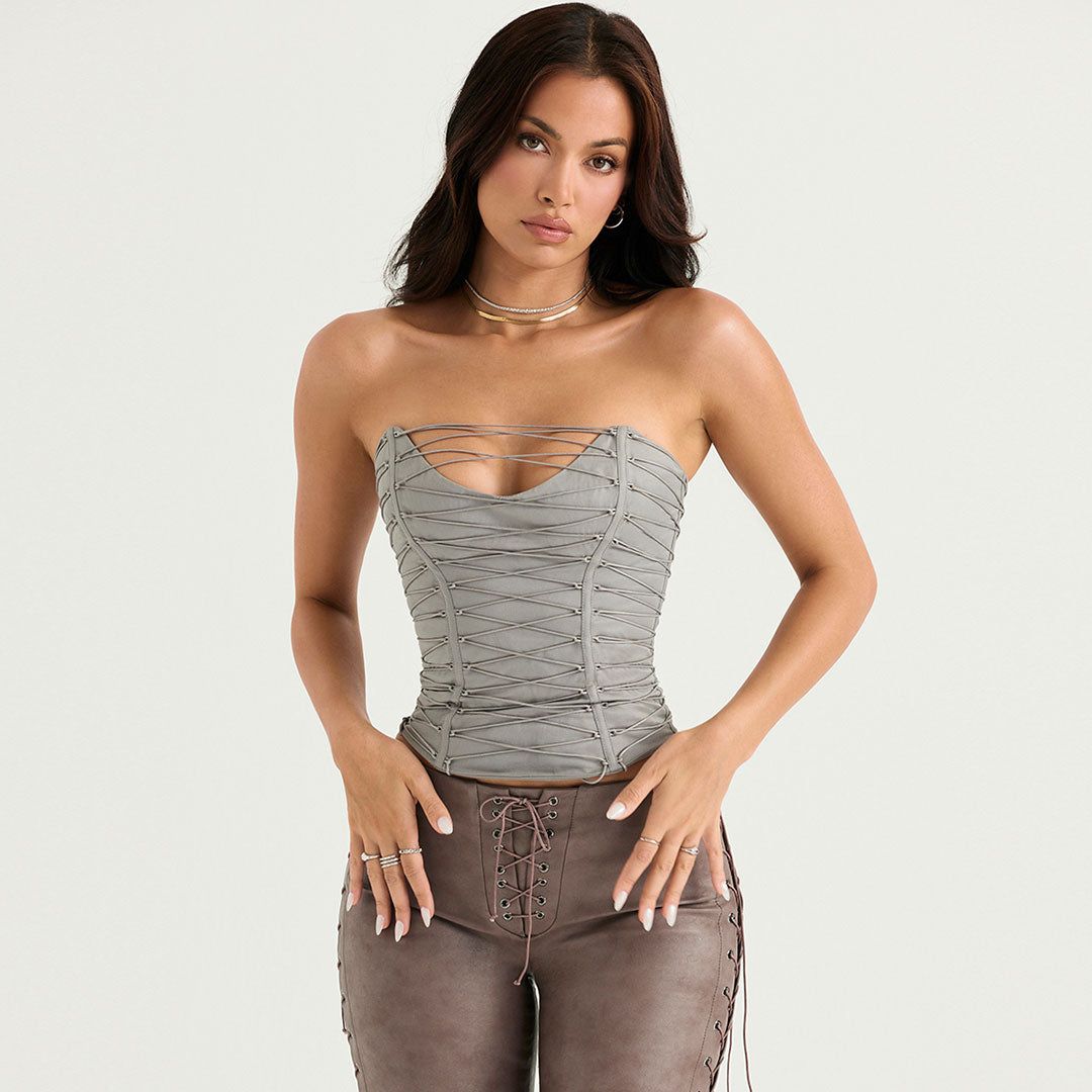 Lace Up Sweetheart Neck Sleeveless Tube Crop Top - Gray