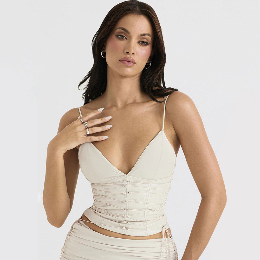 Lace Up Vegan Deep V Tank Crop Top - Ivory