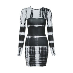 Mélange Tie Dye Bodycon Long Sleeve Mini Dress - Black