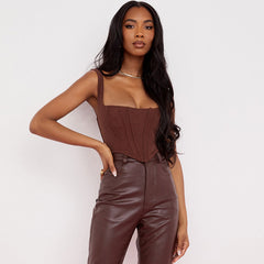 Suspender Strap Square Neck Crop Corset Top - Coffee