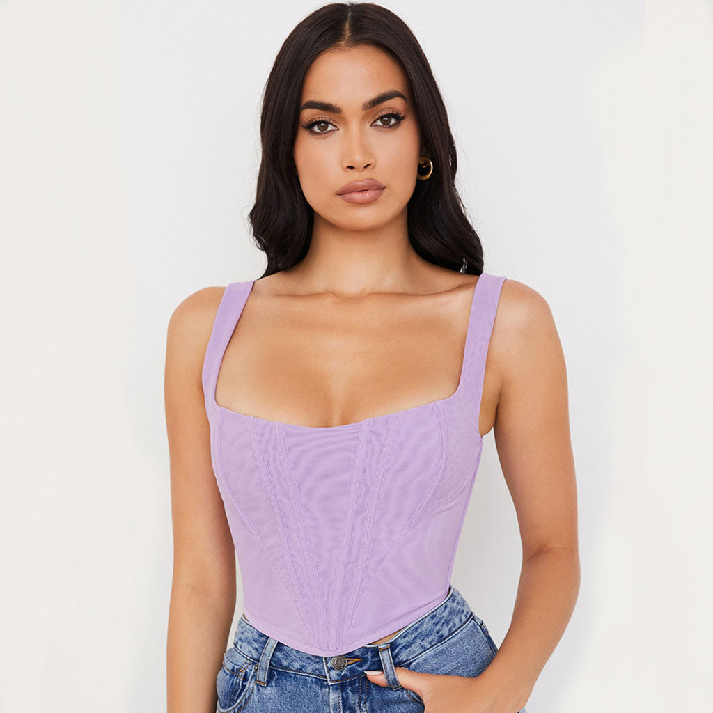 Suspender Strap Square Neck Crop Corset Top - Purple