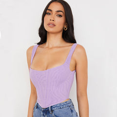 Suspender Strap Square Neck Crop Corset Top - Purple