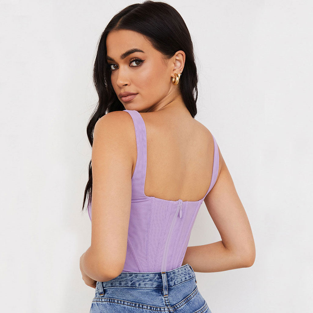 Suspender Strap Square Neck Crop Corset Top - Purple