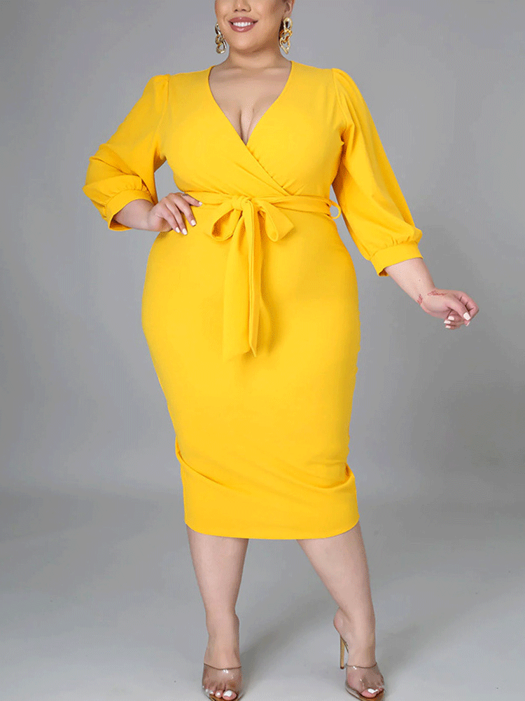 Deep V-neck Solid Split Midi Dress