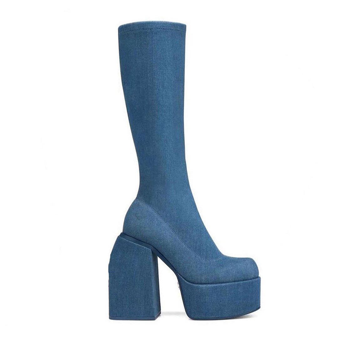 Unique Round Toe Heel Platform Knee High Boots - Denim Blue