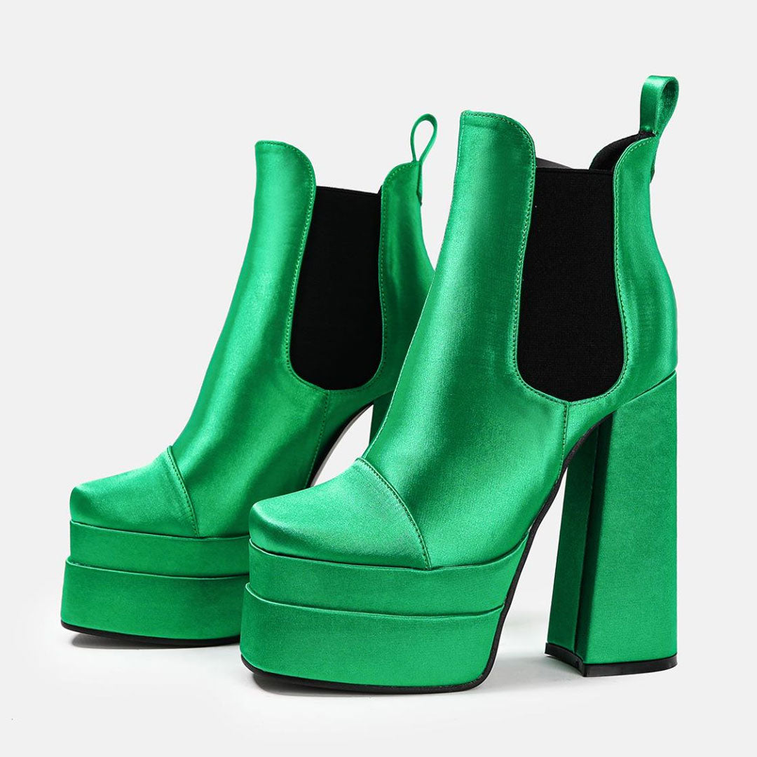 Vibrant Square Toe Chunky High Heel Platform Ankle Boots - Green