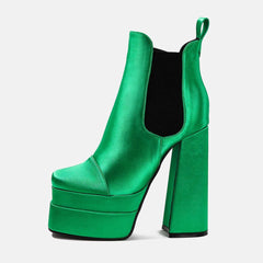 Vibrant Square Toe Chunky High Heel Platform Ankle Boots - Green